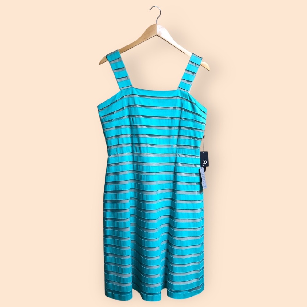 Adrianna Papell NWT Teal & Mesh Striped Banded Fit & Flare Formal Dress Women 12